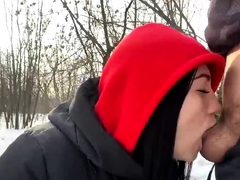 Slutty brunette gets fucked outdoor in cold Russian winter l