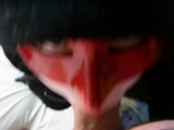 Redhead teen vampire cosplayer gets a surprise in her throat